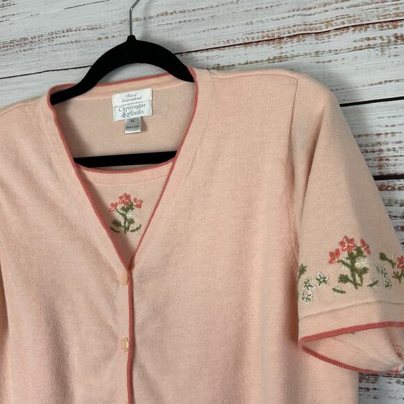 Womens VTG Christopher Banks Peach Floral Embroidered SS Sweater Cami Cottage XL - Picture 1 of 6